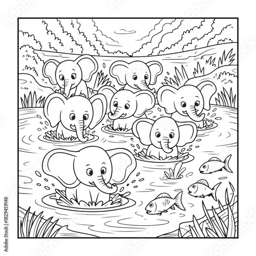 Playful Elephants in River: A heartwarming scene unfolds as a group of adorable elephants frolic and splash joyfully in the refreshing water of a river.