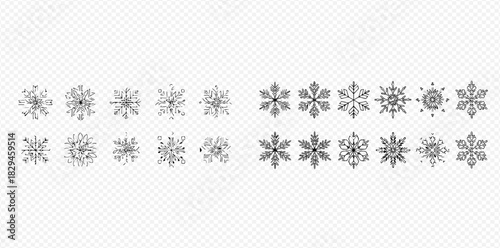 A collection of various intricate and geometric snowflake vector icons on a transparent background, perfect for winter designs.
