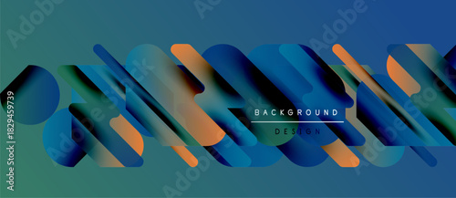 Abstract geometric shapes overlap, creating vibrant gradient effect. Blue, teal, orange hues dominate design. Text reads background design.
