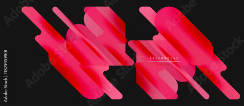Abstract red shapes overlap black background. Gradient colors create dynamic visual effect. Modern design element for backgrounds.