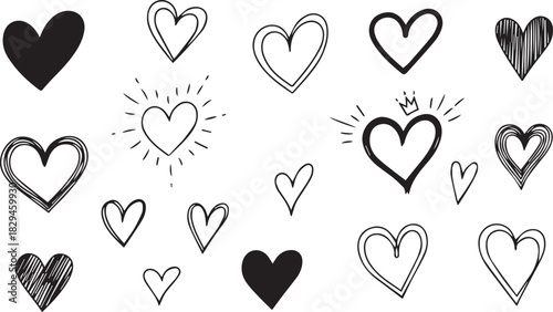Set of hand-drawn heart icons simple line art illustrations for love romance and Valentines Day designs isolated on white
