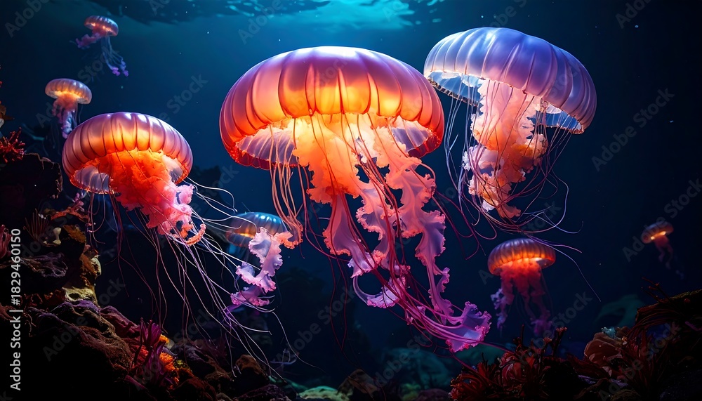 Fototapeta premium Glowing jellyfish gracefully floating in deep blue ocean waters, illuminated with vibrant pink and orange light