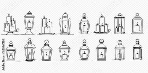 Hand-drawn sketch set of vintage decorative lanterns and candles, illustrating various styles of traditional light sources.