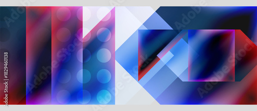 Abstract geometric composition. Vivid colors blend, creating dynamic visual impact. Shapes overlap, forming complex patterns. Modern design.