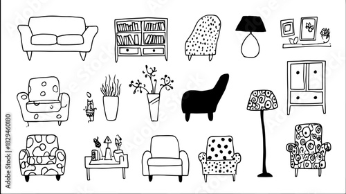 Set of furniture illustrations includes sofas, chairs, and lamps. This modern black and white vector illustration showcases home decor elements and arrangements.