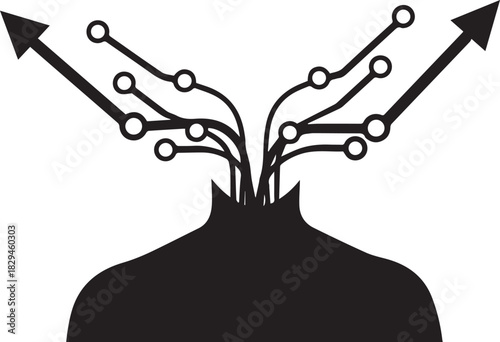 Silhouette of a head with arrows pointing outwards illustration symbolizing ideas innovation and creative thinking isolated on whi