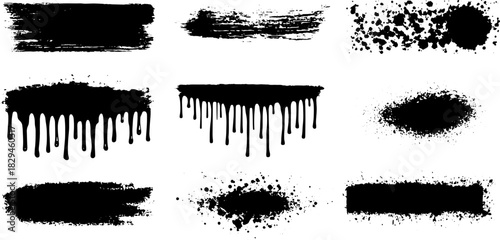 Black paint strokes and splatters with a grunge texture. Bold vector illustration for modern artistic designs and backgrounds.