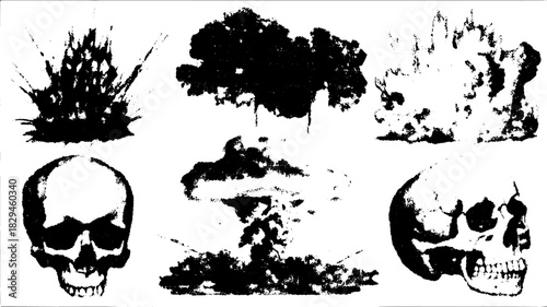 Explosive blast and skull illustrations. Black and white vector graphic set depicting danger and destruction themes in a concise style.