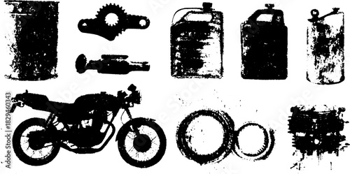 Motorcycle components set with various machine parts. This vector illustration includes gears, containers, and tools in a simple black design.