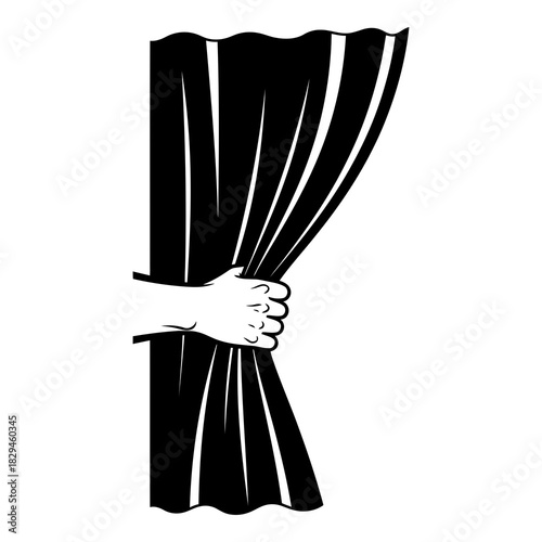 Hand pulling back a theater curtain, opening show or revealing stage icon vector art isolated on white background, Vector