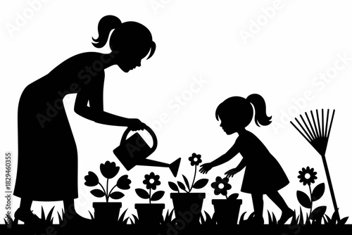 Silhouette of Mother and Daughter Gardening Together Planting Flowers Symbolizing Family Time and Shared Activities in a Peaceful Garden Setting
