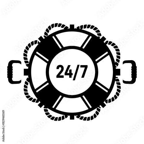 24/7 lifebuoy icon symbolizing continuous support, emergency help, and availability isolated on white background, Vector