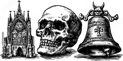 Gothic skull, church, and bell in vintage style. Black and white vector illustration of intricate details in a dark theme set.