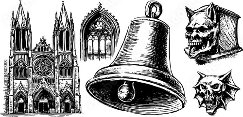 Gothic church with bell, gargoyle, and skull elements. Detailed vintage vector illustration set in black and white.
