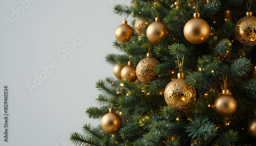 Golden Christmas ornaments sparkle on a green tree, inviting holiday cheer and festive celebrations for a warm and inviting seasonal atmosphere for your home