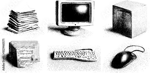 Print engraving depicting a set of office equipment: stack of papers, computer monitor, keyboard, and mouse. Vintage vector illustration.