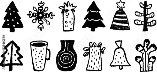 Illustration of holiday elements: tree, snowflake, cup, and bell in a black and white style. Vector set for winter decor.