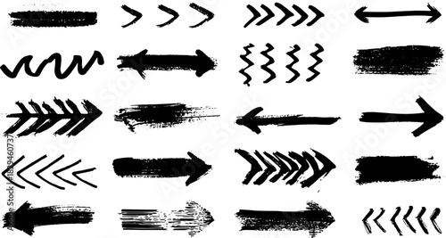 Black arrow shapes with various styles and directions. Vector illustration set featuring brush strokes and simple designs.
