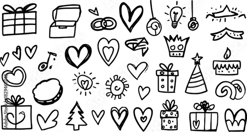 Doodle-style illustrations of various holiday symbols, including gifts and hearts. This black outline vector art features a playful celebration set.