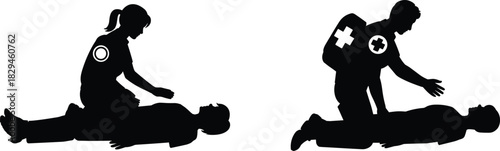 Emergency medical silhouettes, CPR action, first aid response, healthcare vector, editable illustration, lifesaving procedure, black icons, isolated design, rescue scene, urgency