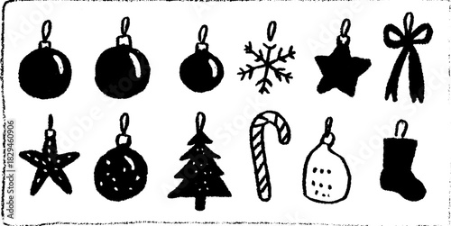 Christmas ornaments: Simple black vector illustrations in a stylish set include a snowflake, star, tree, candy cane, bow, and stocking.