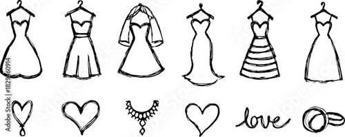 Outline of dresses in a hand-drawn style. Features various wedding and fashion designs, hearts, and accessories, vector illustration set.