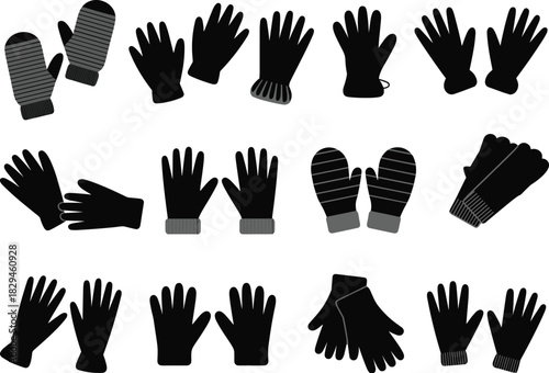 Glove and mitten silhouettes, winter accessories, handwear styles, editable vector, black icons, isolated design, seasonal fashion, cold weather gear, outfit detail