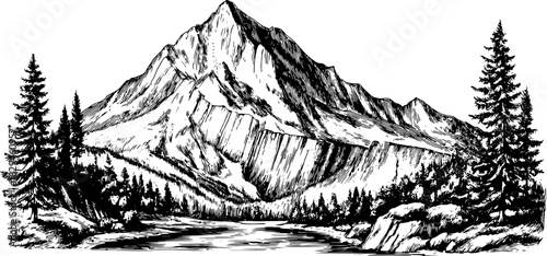 Mountain landscape with trees and a river. Black and white vector illustration of nature's beauty in a scenic outdoor set.