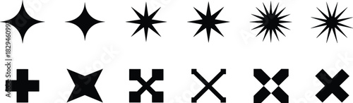 Geometric symbol silhouettes, abstract shapes, star and cross icons, editable vector, black design elements, isolated forms, graphic motif, pattern variation