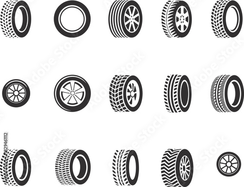 Tire and wheel silhouettes, tread patterns, rim designs, editable vector, black icons, automotive parts, vehicle components, mechanical detail, transport theme