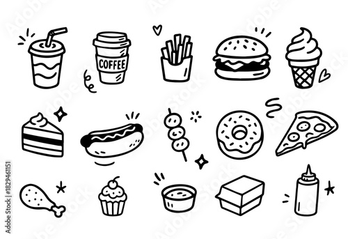 Set of hand drawn fast food doodles, clip art, isolated elements for prints, icons, stickers, planners, cards, etc. EPS 10