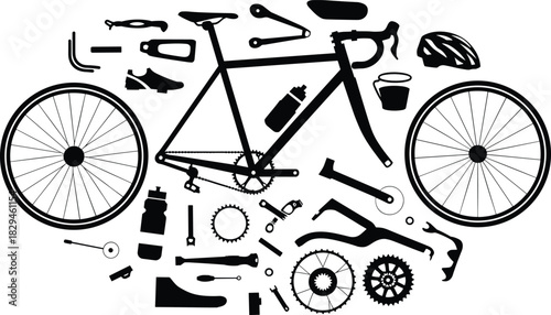 Bicycle parts silhouettes, cycling accessories, editable vector, black icons, mechanical components, bike maintenance tools, gear setup, isolated design, sports equipment