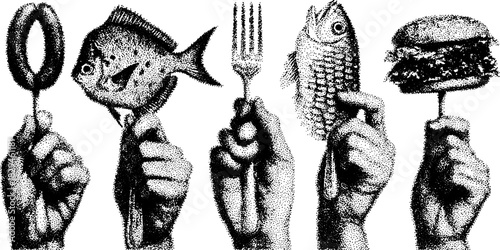 Food illustration featuring a set of hands holding various items: fish, burger, and fork. Vintage style with stippled outline and engraving vector details.