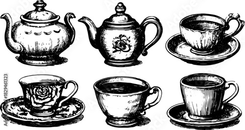 Vintage teapot and cups set in ink sketch style. Elegant illustration of drinkware and tableware design in vector format.