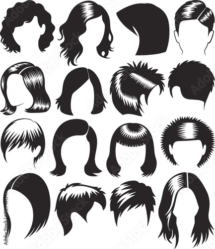 Hairstyle silhouettes, hair design, short and long styles, curly, straight, spiky cuts, editable vector, black icons, isolated heads, fashion concept