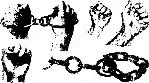 Chain and hands illustrate bondage and freedom. Black and white vector illustration representing struggle and resistance in a simple design.