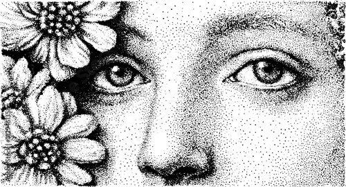 Portrait of a face with expressive eyes surrounded by flowers. Black and white dot art vector illustration with a modern and delicate style.