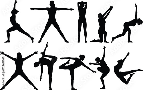 Yoga poses, dance silhouettes, physical movement, flexibility, balance, strength, editable vector, black icons, isolated design, wellness activity, body expression