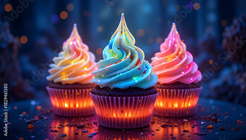 Enjoy three cupcakes with bright colorful frosting, perfect for celebrating birthdays, holidays, or special occasions with sweet treats and vibrant dessert designs
