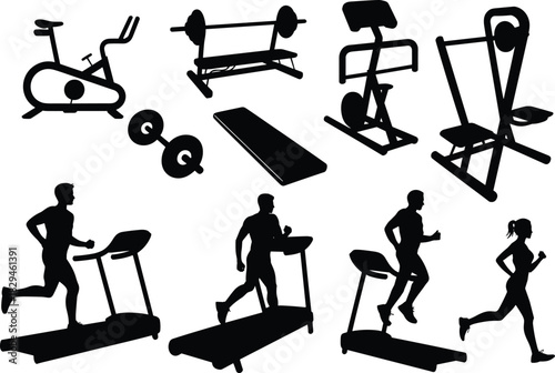 Gym workout silhouettes, fitness equipment, treadmill running, exercise machines, cardio training, editable vector, black icons, isolated design, health activity, sport gear