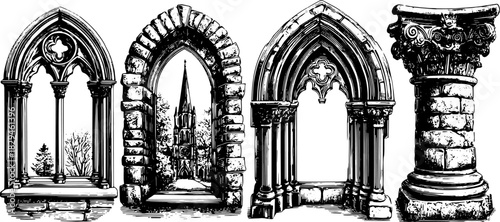 Gothic arches and columns with detailed outlines. Black and white vector illustration of historical architectural structures set for design purposes.