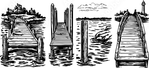 Engraving of a dock and pier set over water. Vintage hand-drawn vector illustration showcasing a tranquil landscape with structured wood decks by the riverside.