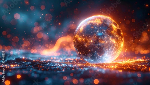 Glowing orb rests on a textured surface with bokeh. Orange and blue hues define the cosmic, luminous scene