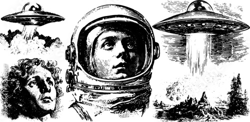 Astronaut and UFO in vintage engraving style. Black silhouette illustration depicting space exploration and fantasy themes, set in a retro vector style.