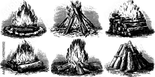 Fire illustrations featuring vintage campfires, logs, and flames. This set of black outline vector illustrations captures the essence of outdoor gatherings.