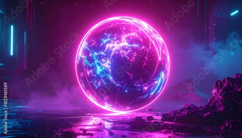 Glowing orb with blue/purple energy floats in dark sci-fi landscape with distant rocky terrain and fog