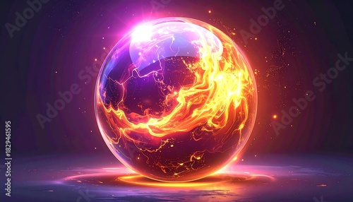 Glowing orb with fiery interior, set against a blurry backdrop in purples and oranges, casting a subtle light