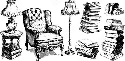 Antique chair and lamp set. Vintage illustration of stacked books and furniture in black outline vector style.