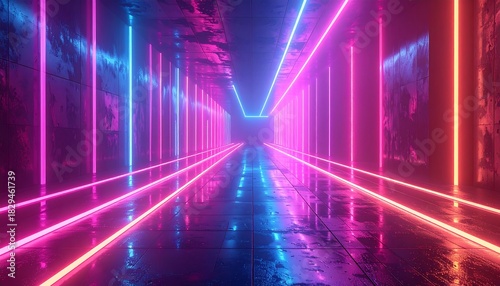 Glowing pink and blue neon lights in a dark, grungy tunnel create a futuristic and atmospheric perspective