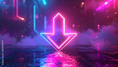 Glowing pink/blue neon arrow points down on a wet, reflective surface with smoky ambiance in a dark setting